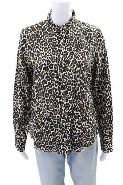 J Crew Womens Linen Animal Print Long Sleeve Button Down Shirt Brown Size M