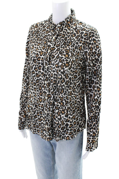 J Crew Womens Linen Animal Print Long Sleeve Button Down Shirt Brown Size M