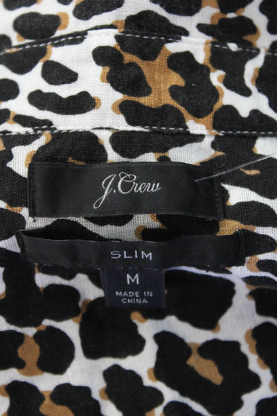 J Crew Womens Linen Animal Print Long Sleeve Button Down Shirt Brown Size M