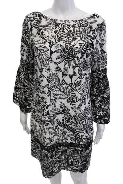 Eliza J Womens Floral Boat Neck Long Sleeve A-Line Dress White Black Size 8