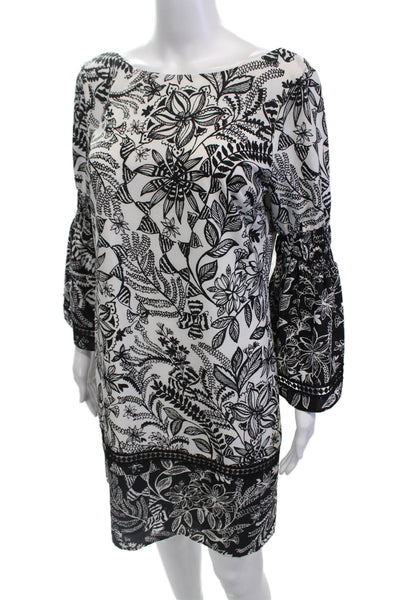 Eliza J Womens Floral Boat Neck Long Sleeve A-Line Dress White Black Size 8