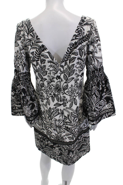 Eliza J Womens Floral Boat Neck Long Sleeve A-Line Dress White Black Size 8