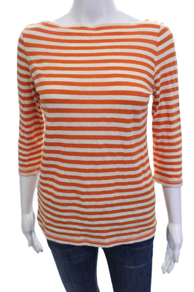 Tommy Bahama Womens 3/4 Sleeve Boat Neck Striped Top White Orange Size XS