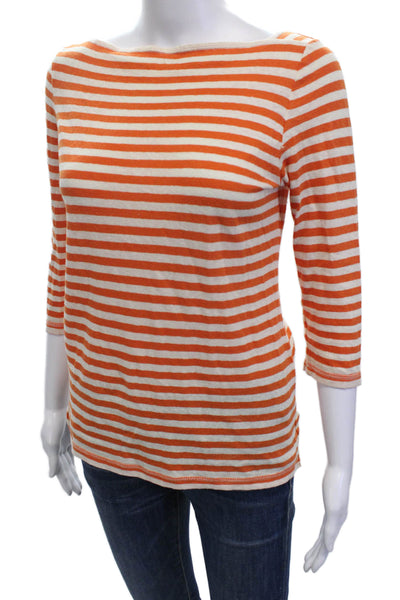 Tommy Bahama Womens 3/4 Sleeve Boat Neck Striped Top White Orange Size XS