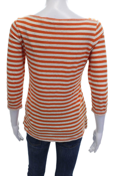 Tommy Bahama Womens 3/4 Sleeve Boat Neck Striped Top White Orange Size XS