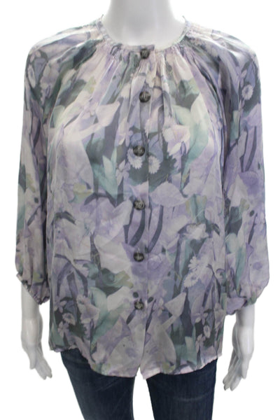 Tucker Womens Long Sleeve Crew Neck Floral Silk Blouse Purple Green Size Petite