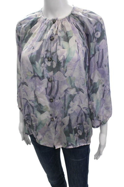 Tucker Womens Long Sleeve Crew Neck Floral Silk Blouse Purple Green Size Petite