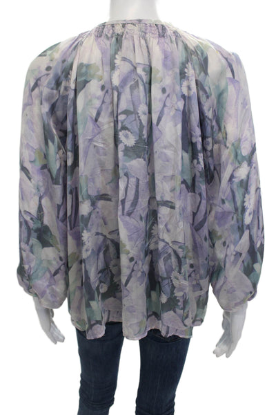 Tucker Womens Long Sleeve Crew Neck Floral Silk Blouse Purple Green Size Petite