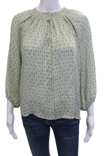 Tucker Womens Long Sleeve Crew Neck Abstract Silk Blouse White Blue Size Petite