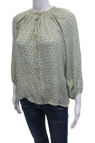 Tucker Womens Long Sleeve Crew Neck Abstract Silk Blouse White Blue Size Petite