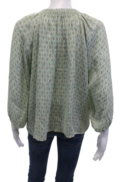 Tucker Womens Long Sleeve Crew Neck Abstract Silk Blouse White Blue Size Petite