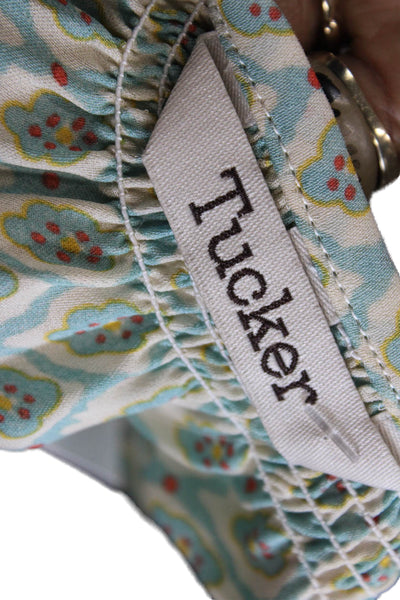 Tucker Womens Long Sleeve Crew Neck Abstract Silk Blouse White Blue Size Petite