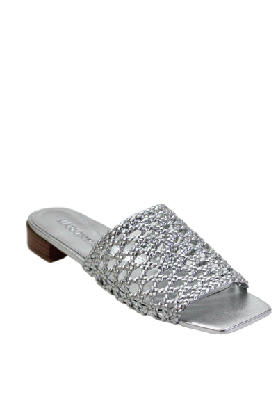 Marion Parke Womens Sabrina Braided Leather Flat Sandals Shoes Silver Size 8
