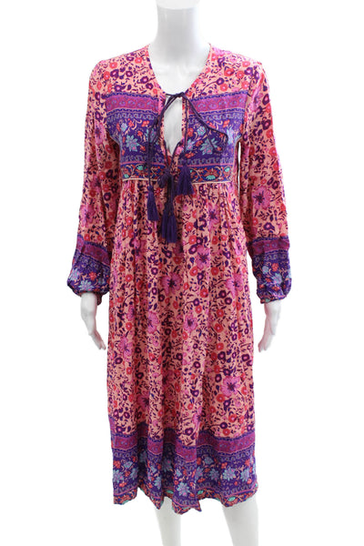 R. Vivimos Womesn Floral Print Long Sleeve Mid-Calf Dress Pink Size XS