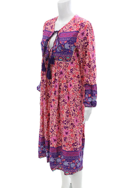 R. Vivimos Womesn Floral Print Long Sleeve Mid-Calf Dress Pink Size XS