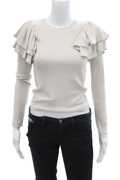 Zara Womens Cotton Ruffle Detail Pullover Long Sleeve Top Beige Size S