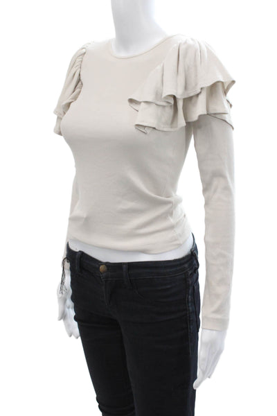 Zara Womens Cotton Ruffle Detail Pullover Long Sleeve Top Beige Size S