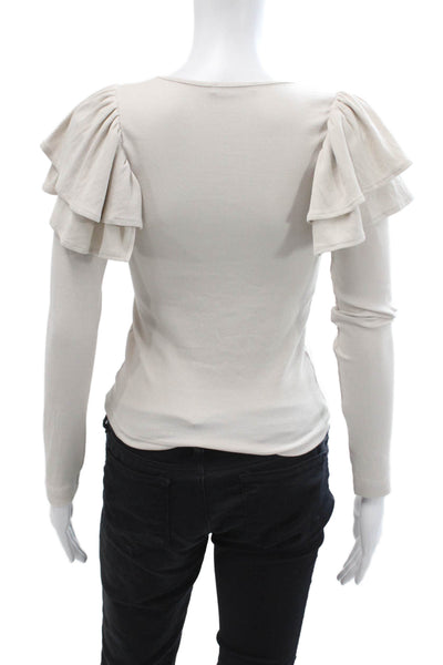Zara Womens Cotton Ruffle Detail Pullover Long Sleeve Top Beige Size S