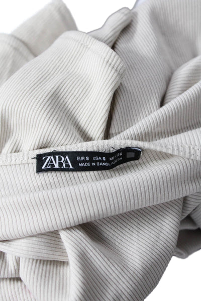 Zara Womens Cotton Ruffle Detail Pullover Long Sleeve Top Beige Size S