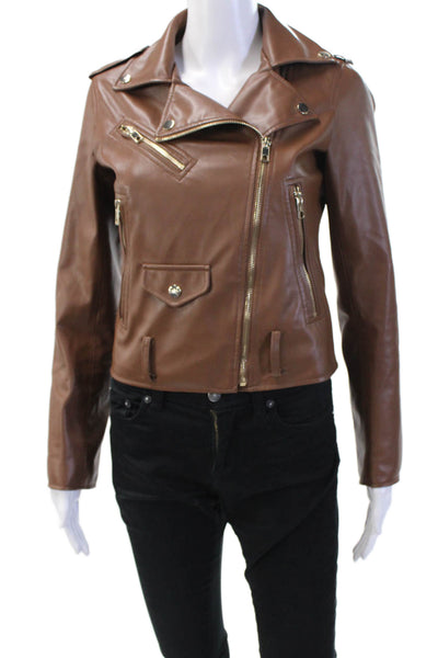 Zara Womens Vegan Leather Collared Zip Up Jacket Brown Size XS