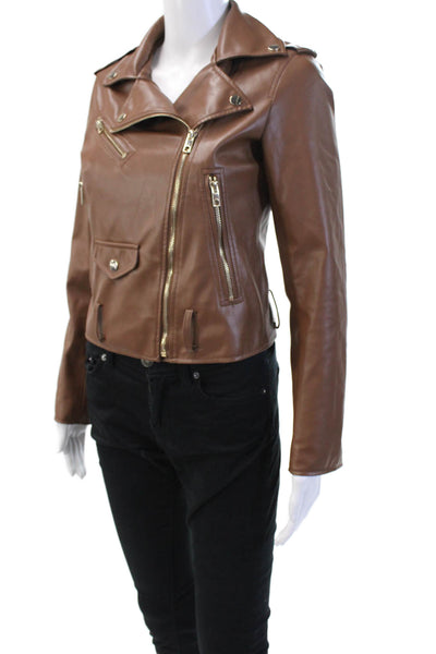 Zara Womens Vegan Leather Collared Zip Up Jacket Brown Size XS