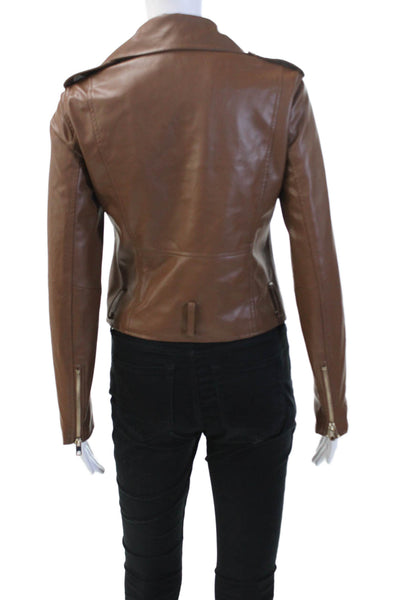 Zara Womens Vegan Leather Collared Zip Up Jacket Brown Size XS