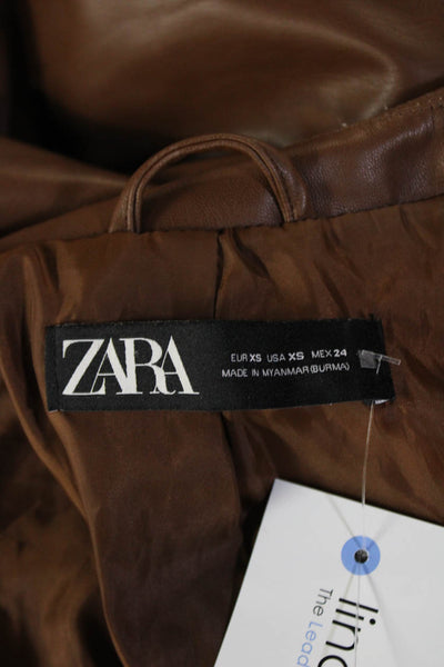 Zara Womens Vegan Leather Collared Zip Up Jacket Brown Size XS