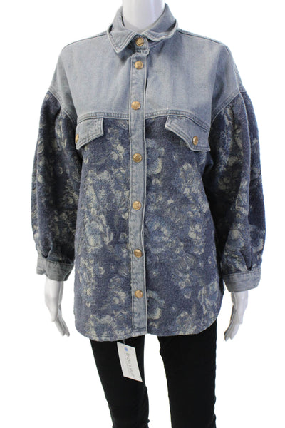 Zara Womens Floral Print Collared Button Up Denim Jacket Blue Size XS