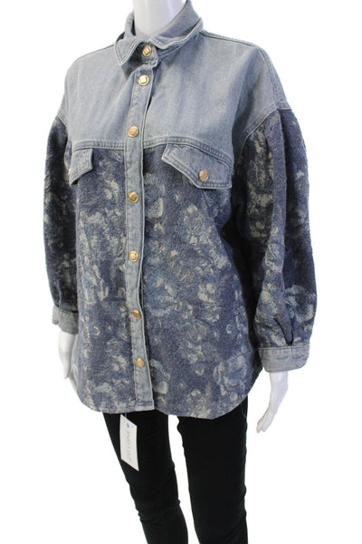 Zara Womens Floral Print Collared Button Up Denim Jacket Blue Size XS