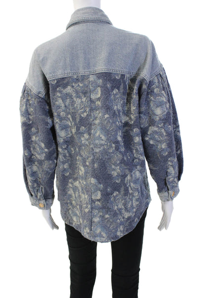 Zara Womens Floral Print Collared Button Up Denim Jacket Blue Size XS