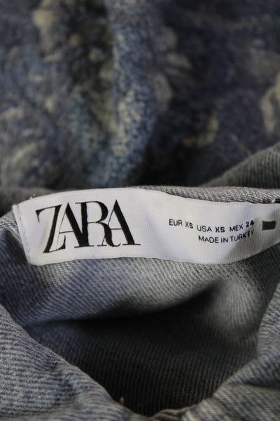 Zara Womens Floral Print Collared Button Up Denim Jacket Blue Size XS
