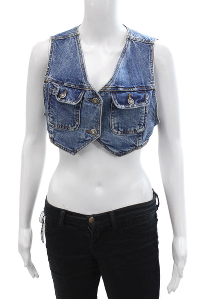 We The Free Womens Medium Wash Cotton Pockets Denim Vest Jacket Blue Size XS