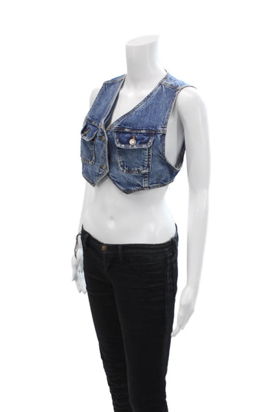 We The Free Womens Medium Wash Cotton Pockets Denim Vest Jacket Blue Size XS