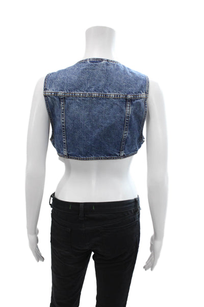 We The Free Womens Medium Wash Cotton Pockets Denim Vest Jacket Blue Size XS