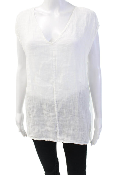 Grizas Women's V-Neck Sleeveless Slit Hem Linen Blouse White Size M