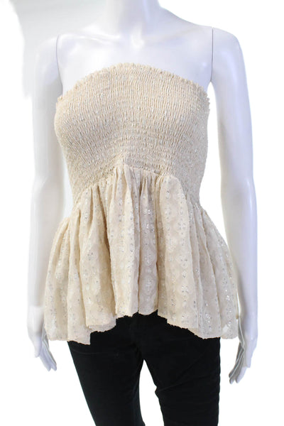 Athe Womens Metallic Ruched Sleeveless Strapless Top Beige Size 36