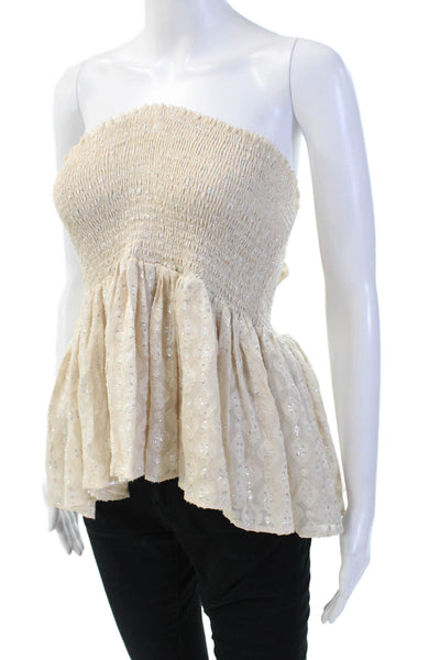 Athe Womens Metallic Ruched Sleeveless Strapless Top Beige Size 36