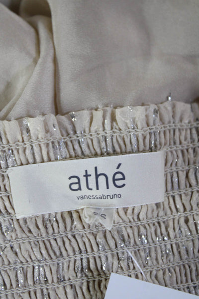Athe Womens Metallic Ruched Sleeveless Strapless Top Beige Size 36