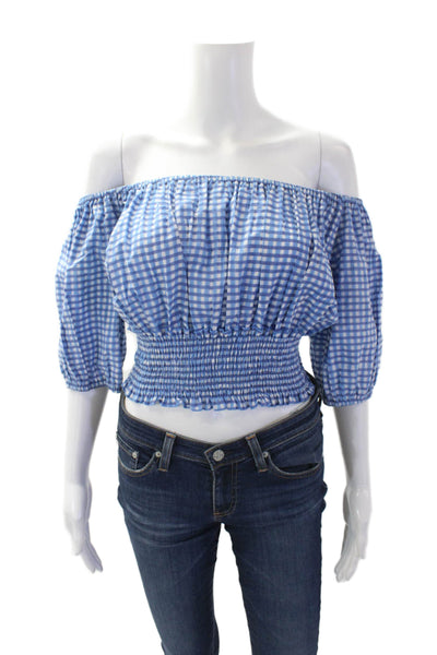 CJ Laing Womens Short Sleeve Off Shoulder Plaid Blouse Blue Cotton Size Medium
