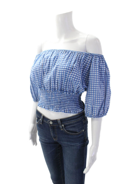 CJ Laing Womens Short Sleeve Off Shoulder Plaid Blouse Blue Cotton Size Medium