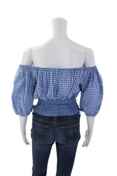 CJ Laing Womens Short Sleeve Off Shoulder Plaid Blouse Blue Cotton Size Medium