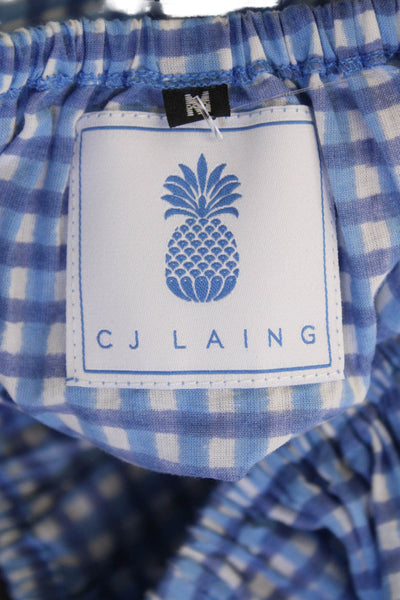 CJ Laing Womens Short Sleeve Off Shoulder Plaid Blouse Blue Cotton Size Medium