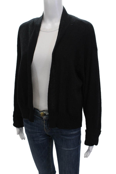 Eileen Fisher Womens Wool Open Knit Cowl Neck Cardigan Top Black Size PL