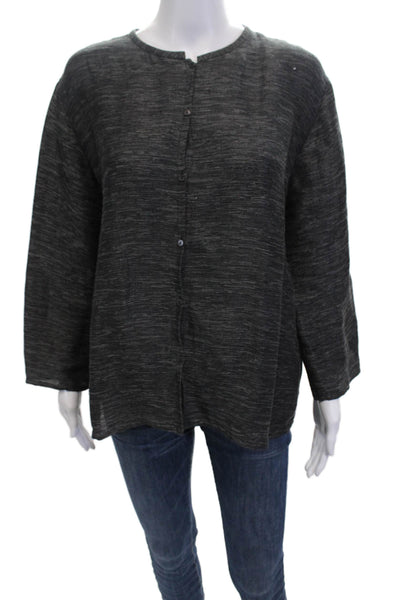 Eileen Fisher Womens Linen Crew Neck Buttoned Long Sleeve Blouse Top Black Sz L