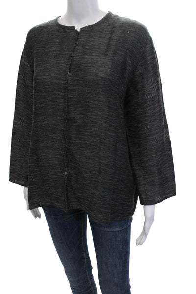 Eileen Fisher Womens Linen Crew Neck Buttoned Long Sleeve Blouse Top Black Sz L