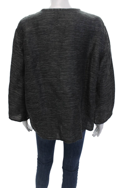 Eileen Fisher Womens Linen Crew Neck Buttoned Long Sleeve Blouse Top Black Sz L