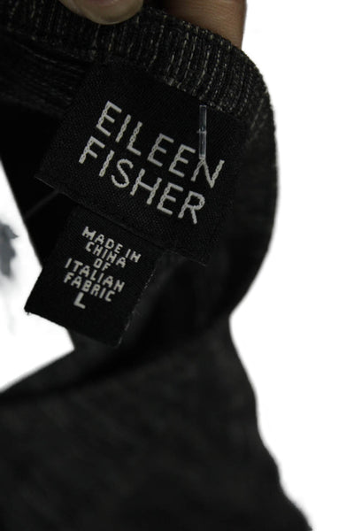 Eileen Fisher Womens Linen Crew Neck Buttoned Long Sleeve Blouse Top Black Sz L