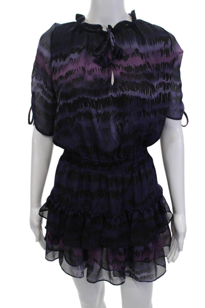 Misa Womens Short Sleeve Keyhole Printed Tiered Mini Dress Purple Black Size XS