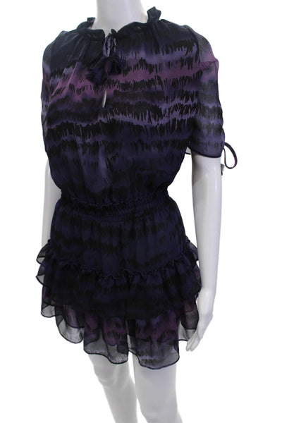 Misa Womens Short Sleeve Keyhole Printed Tiered Mini Dress Purple Black Size XS