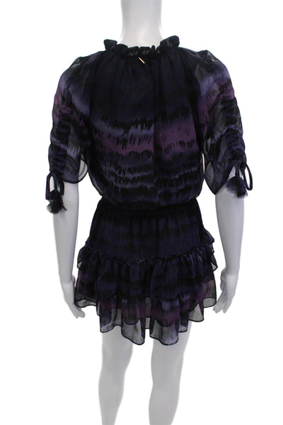 Misa Womens Short Sleeve Keyhole Printed Tiered Mini Dress Purple Black Size XS